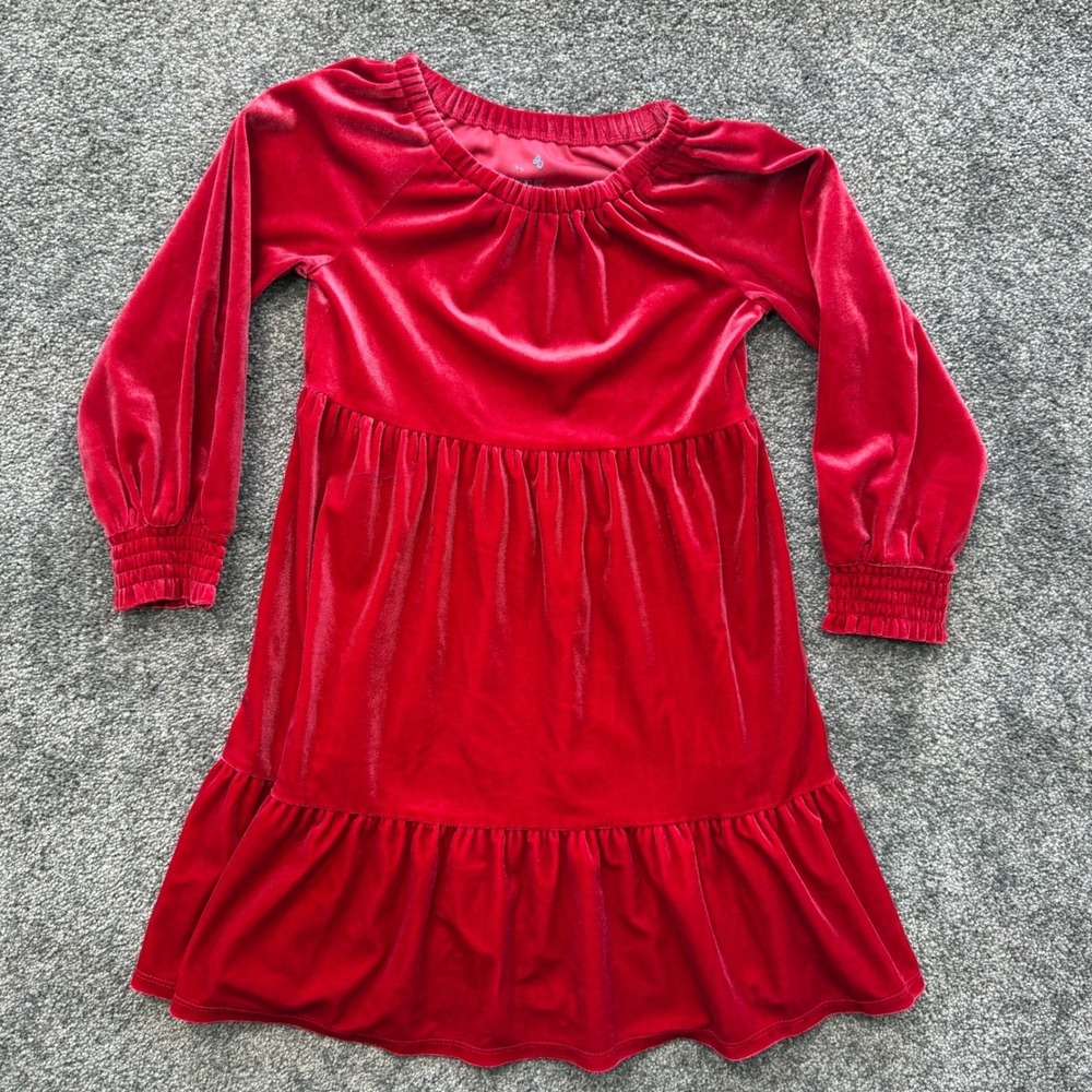 Kids Red Velvet Tiered Dress Long Sleeve Smocked Cuffs Size XXS 4/5 Holiday